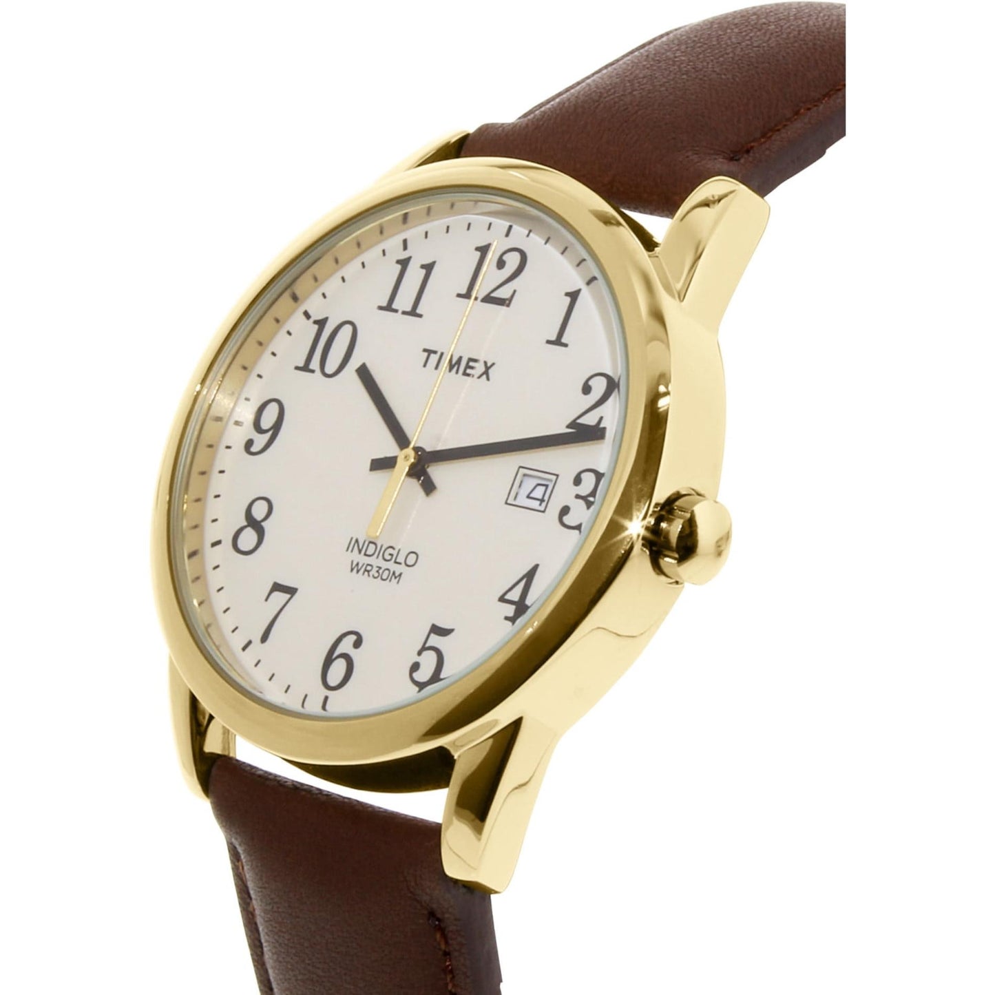 Timex Easy Reader TW2P75800 men’s watch with cream dial, gold-tone case, date window, and brown leather strap shown in an angled close-up view.
