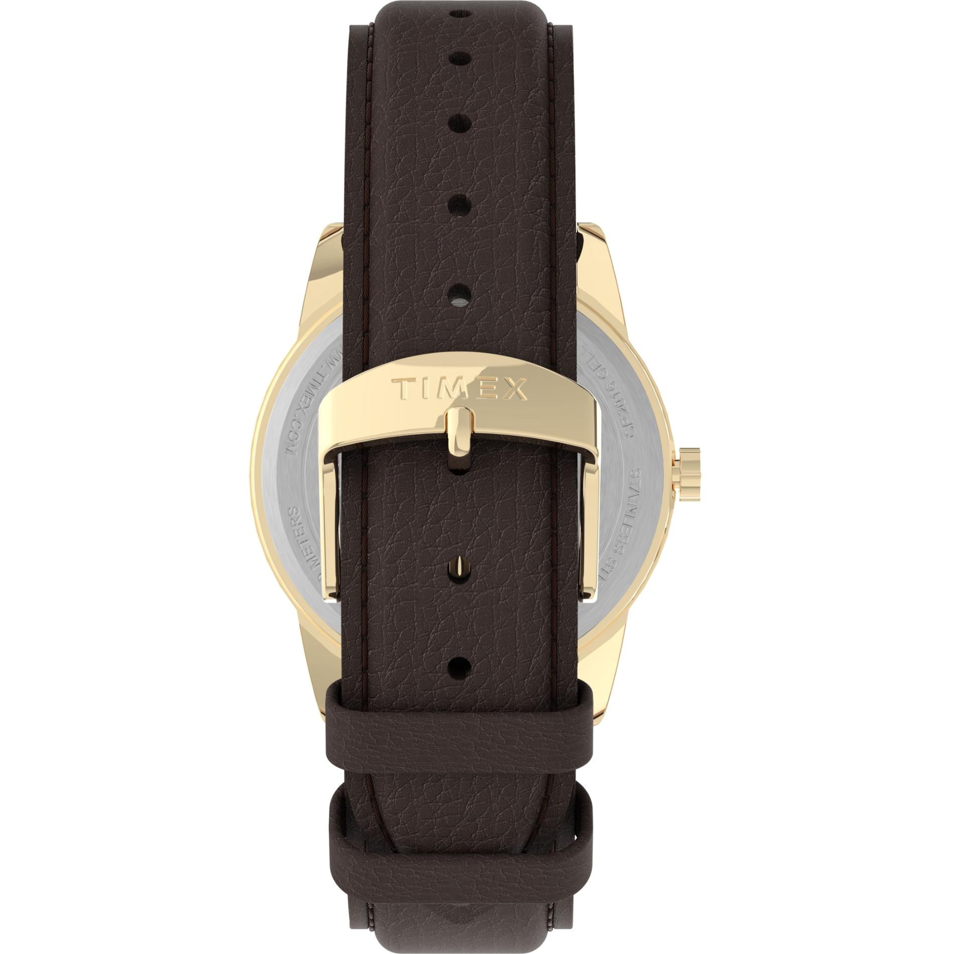Timex Easy Reader TW2P75800 rear view showing the brown leather strap, gold-tone buckle closure, and stainless steel caseback.