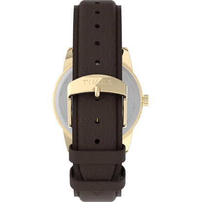 Timex Easy Reader TW2P75800 rear view showing the brown leather strap, gold-tone buckle closure, and stainless steel caseback.