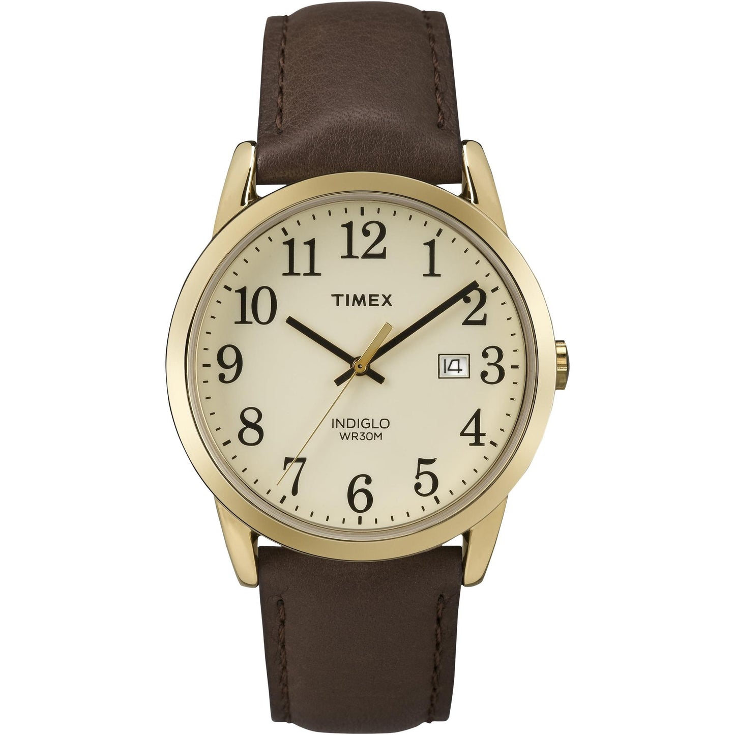 Timex Easy Reader TW2P75800 men’s watch with cream dial, black Arabic numerals, gold-tone case, date window, and brown leather strap.