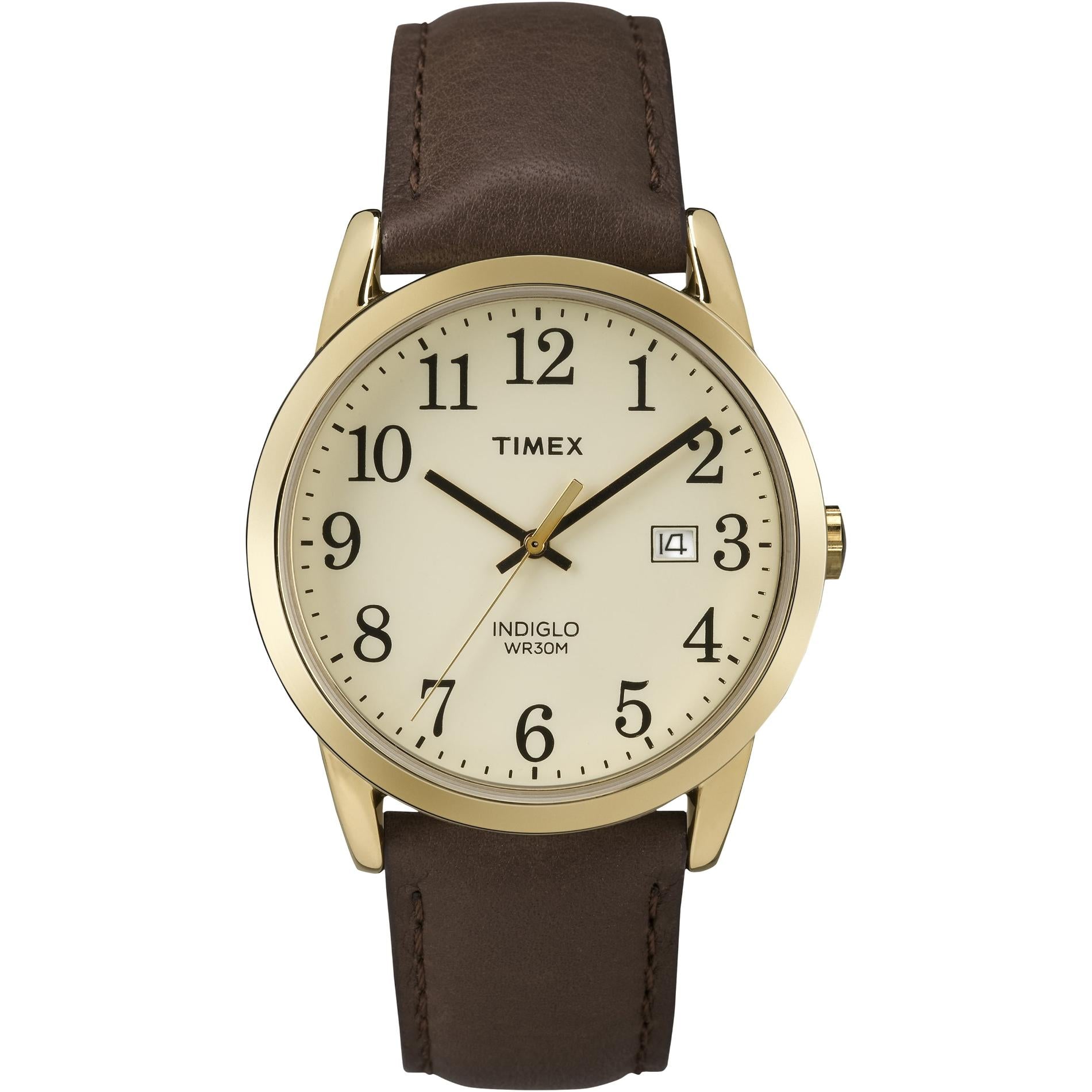 Timex Easy Reader TW2P75800 men’s watch with cream dial, black Arabic numerals, gold-tone case, date window, and brown leather strap.