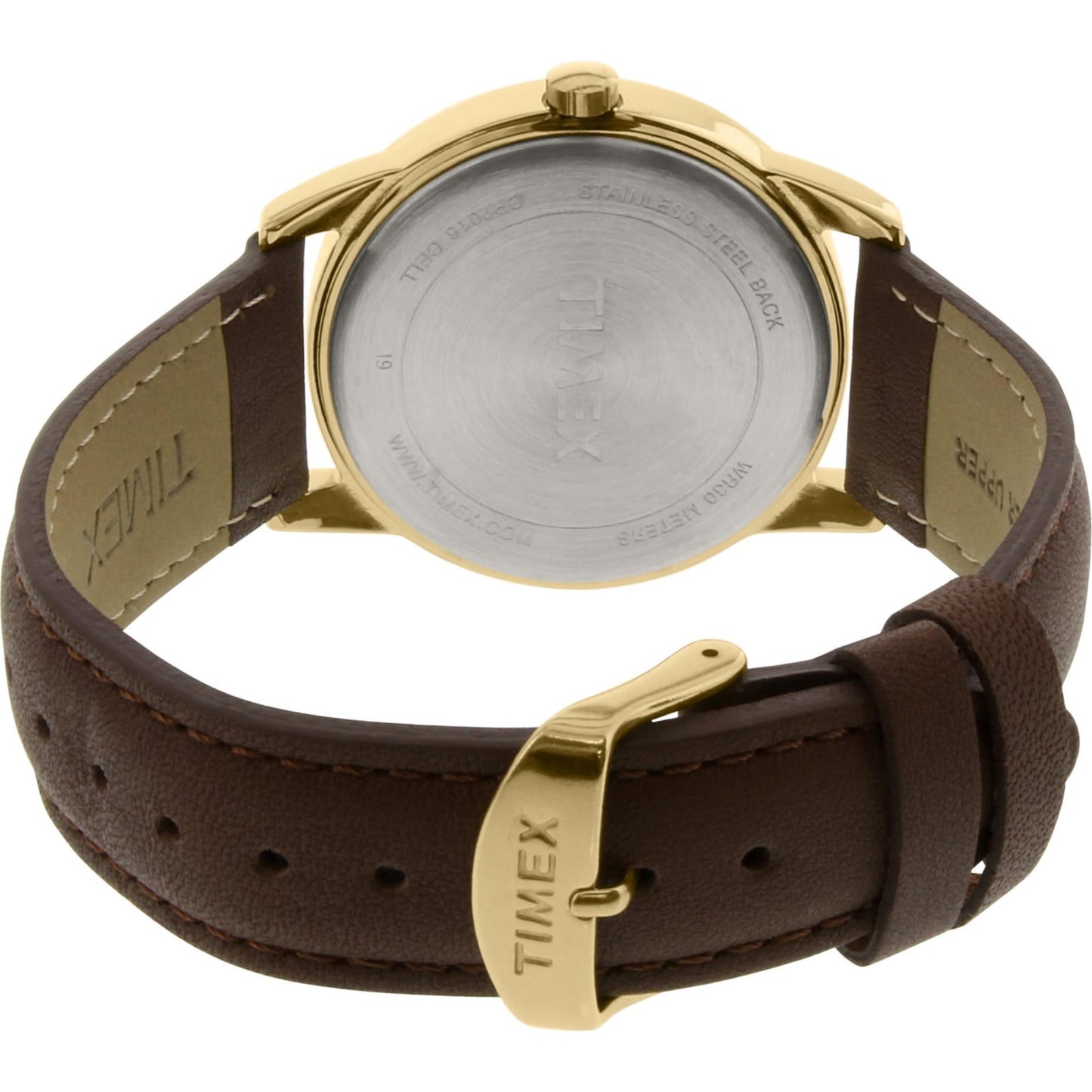 Timex Easy Reader TW2P75800 rear view showing the stainless steel caseback, brown leather strap, and gold-tone buckle closure.