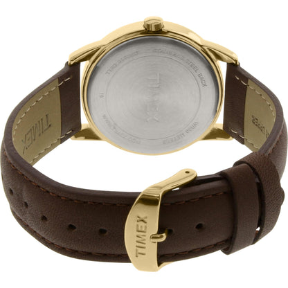 Timex Easy Reader TW2P75800 rear view showing the stainless steel caseback, brown leather strap, and gold-tone buckle closure.