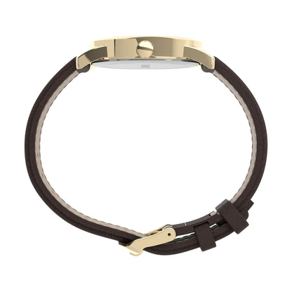 Timex Easy Reader TW2P75800 side profile with gold-tone case and brown leather strap shown in a full side view.