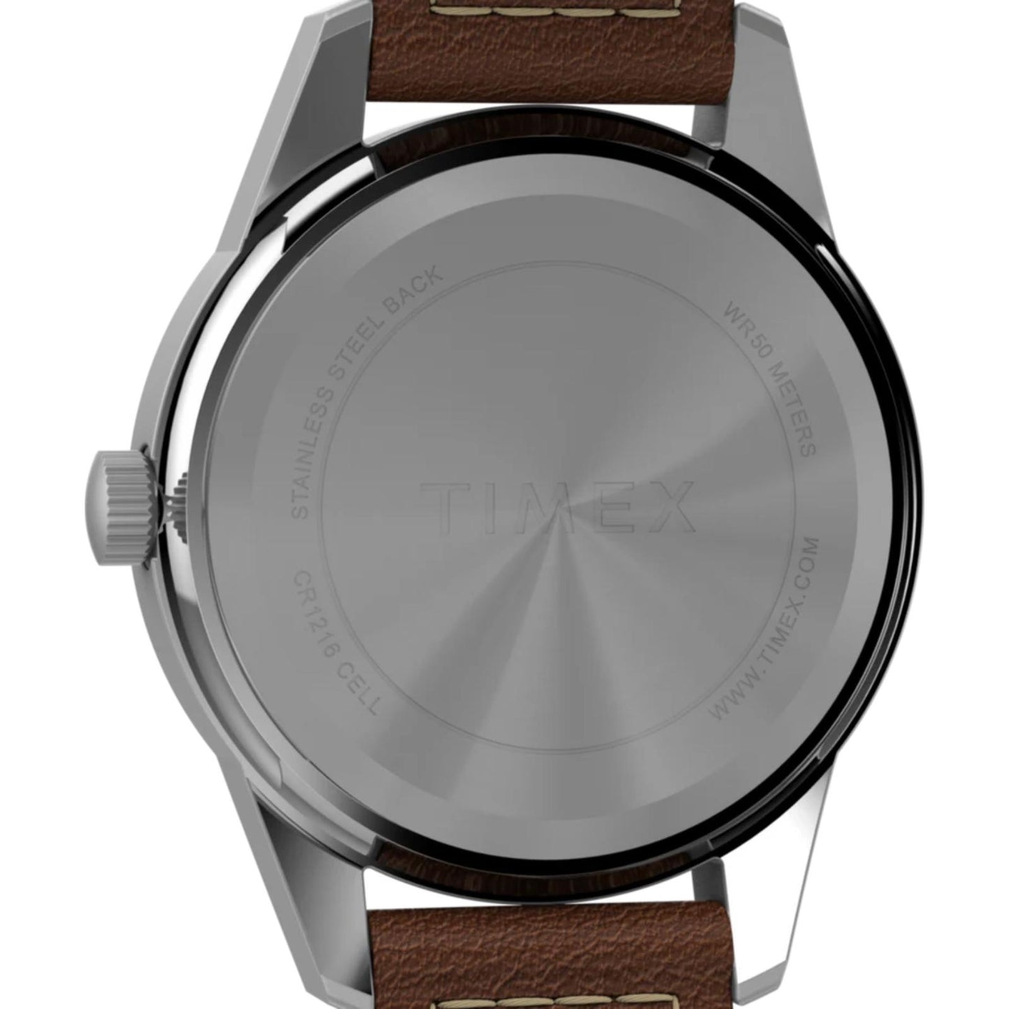 Timex Expedition Field Mini TW4B11900 women’s field watch with stainless steel caseback and brown leather strap shown in rear detail view.