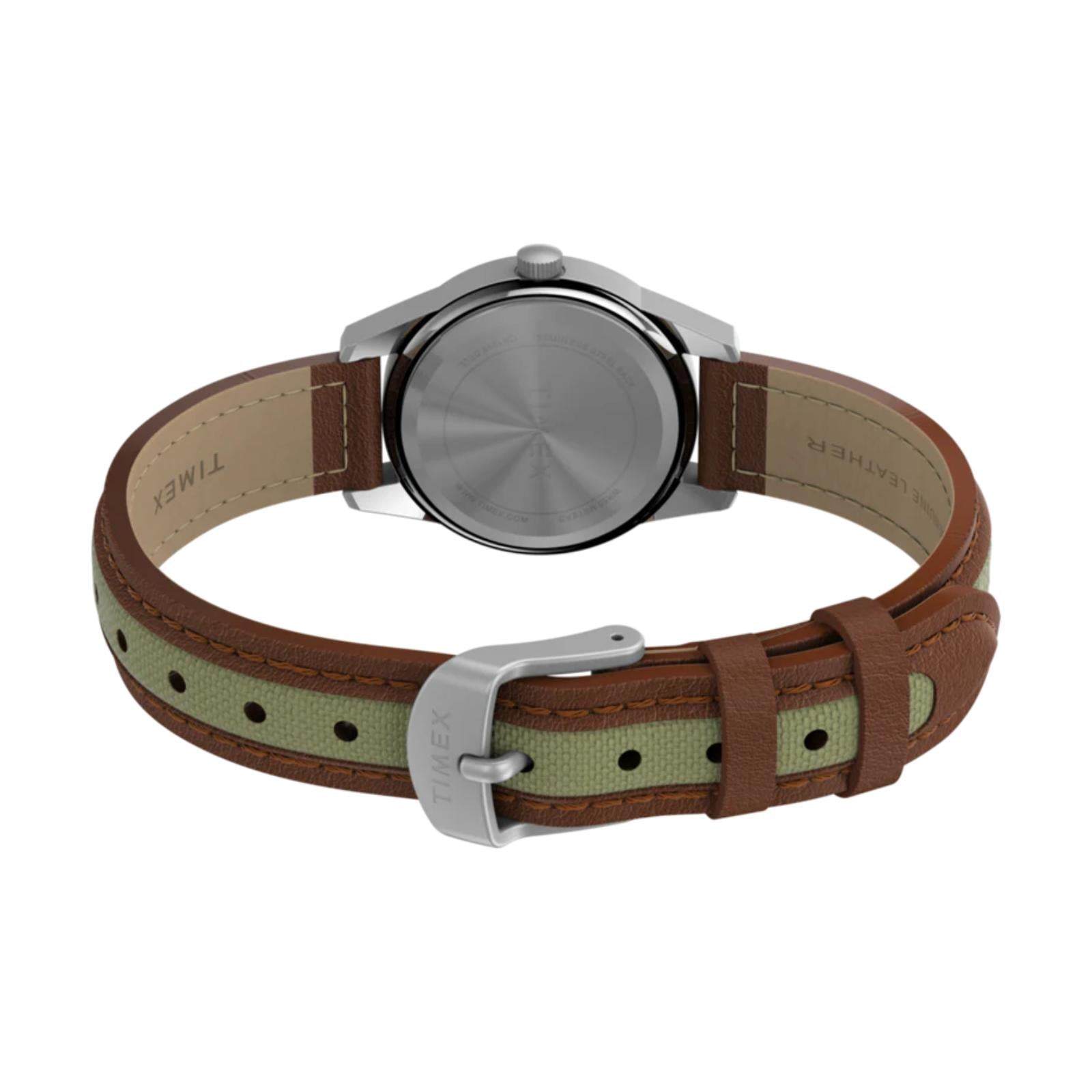 Timex Expedition Field Mini TW4B11900 women’s field watch with stainless steel caseback and beige fabric strap with brown leather backing and buckle closure.