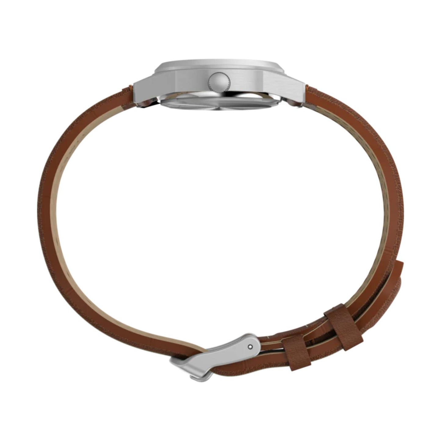 Timex Expedition Field Mini TW4B11900 women’s field watch with silver-tone case and brown leather strap shown in side profile.