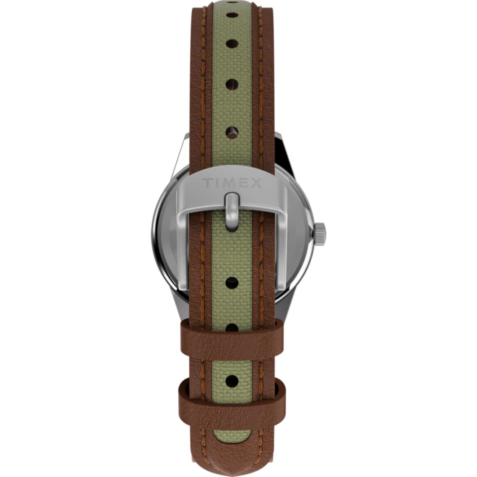 Timex Expedition Field Mini TW4B11900 women’s field watch with beige fabric strap, brown leather trim and stainless steel buckle closure detail.