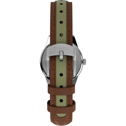 Timex Expedition Field Mini TW4B11900 women’s field watch with beige fabric strap, brown leather trim and stainless steel buckle closure detail.