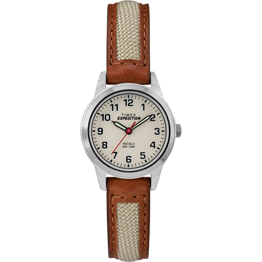 Timex Expedition Field Mini TW4B11900 women’s field watch with white dial, black Arabic numerals and beige leather and fabric strap.