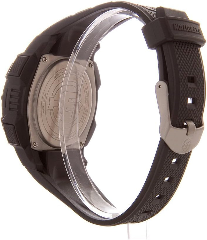 Parte trasera del reloj digital Timex Expedition Shock para hombre con tapa de acero y correa de resina negra.