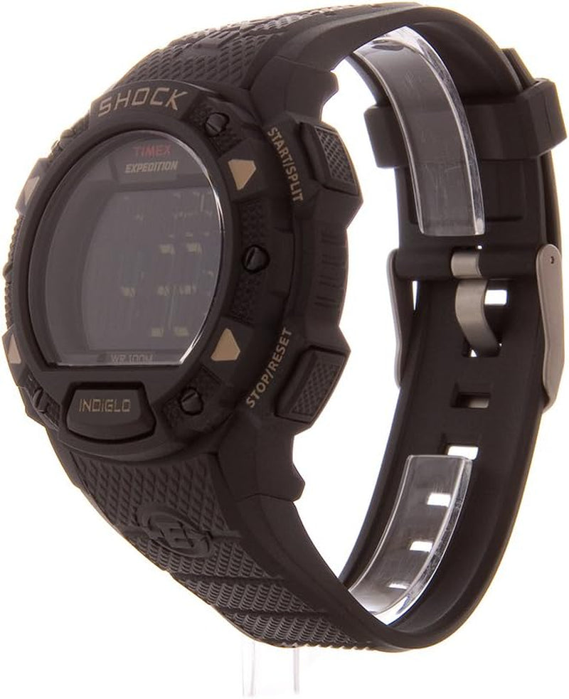 Vista lateral del reloj digital Timex Expedition Shock para hombre con caja robusta y correa de resina resistente.