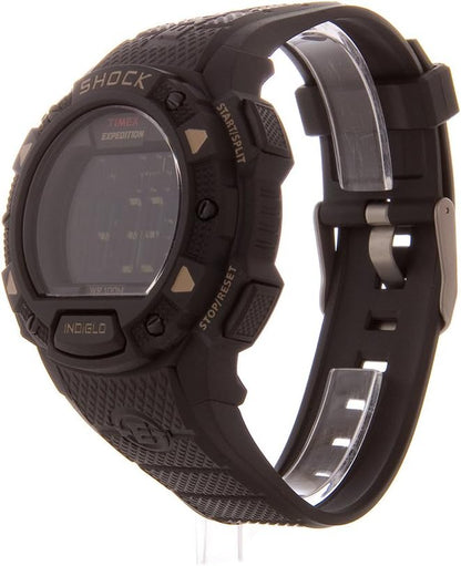 Vista lateral del reloj digital Timex Expedition Shock para hombre con caja robusta y correa de resina resistente.