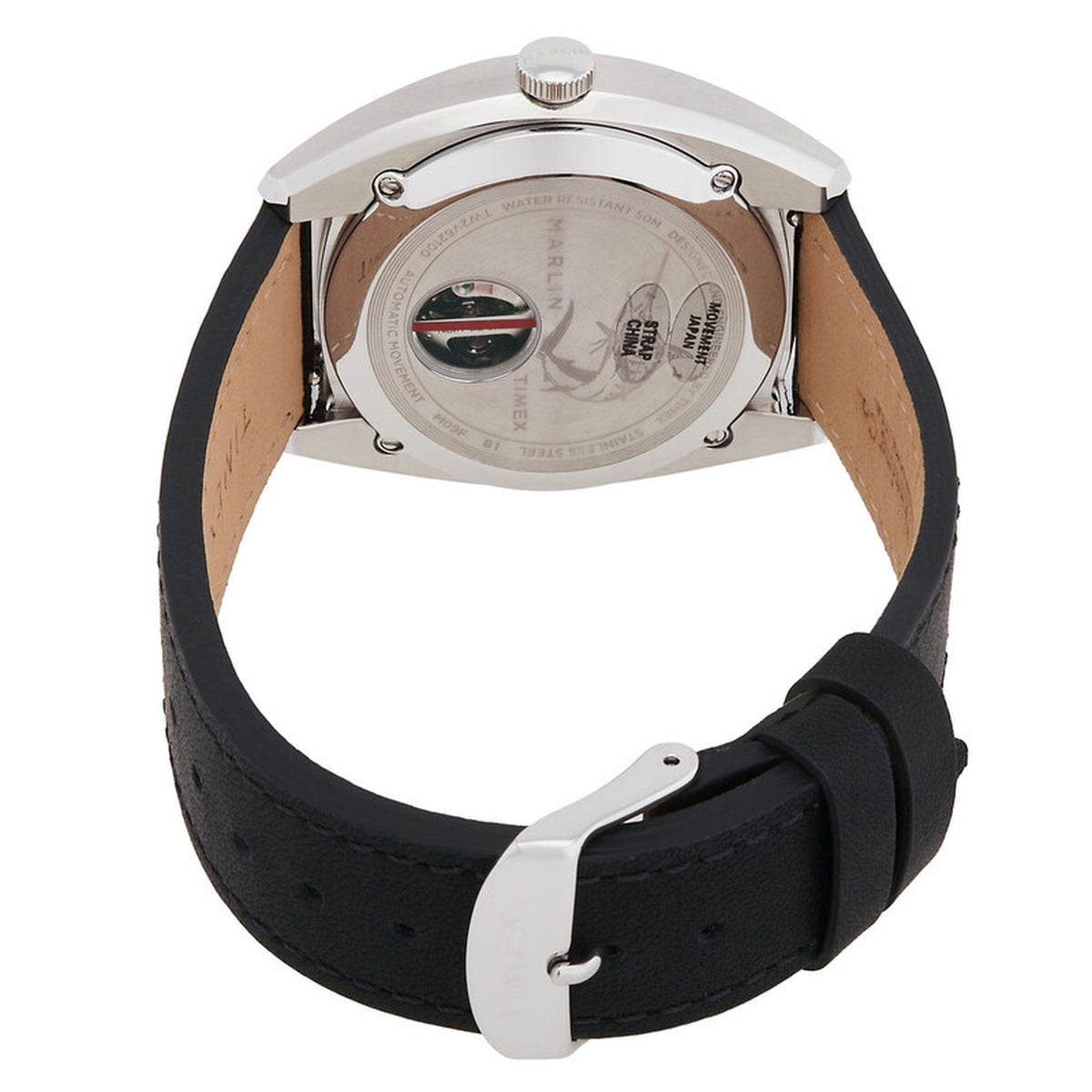 Timex Marlin TW2V62100 with engraved silver-tone caseback, small exhibition window revealing part of the movement, black leather strap, and silver-tone pin buckle.