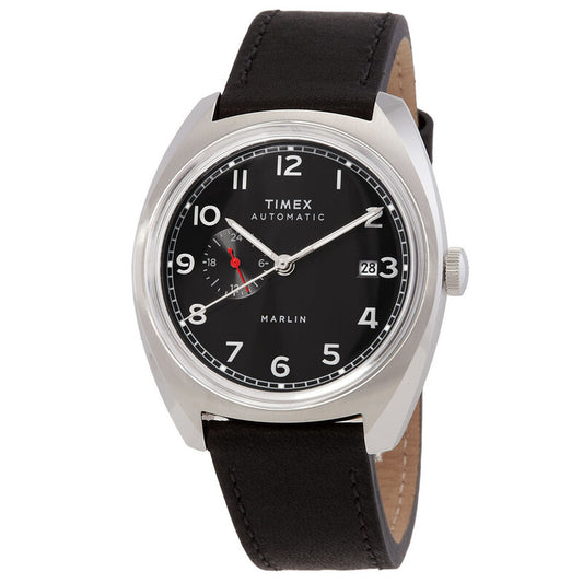 Timex Marlin TW2V62100 with black dial, silver-tone Arabic numerals and hands, 24-hour subdial with red accent hand, date window at 3 o’clock, silver-tone cushion case, and black leather strap.
