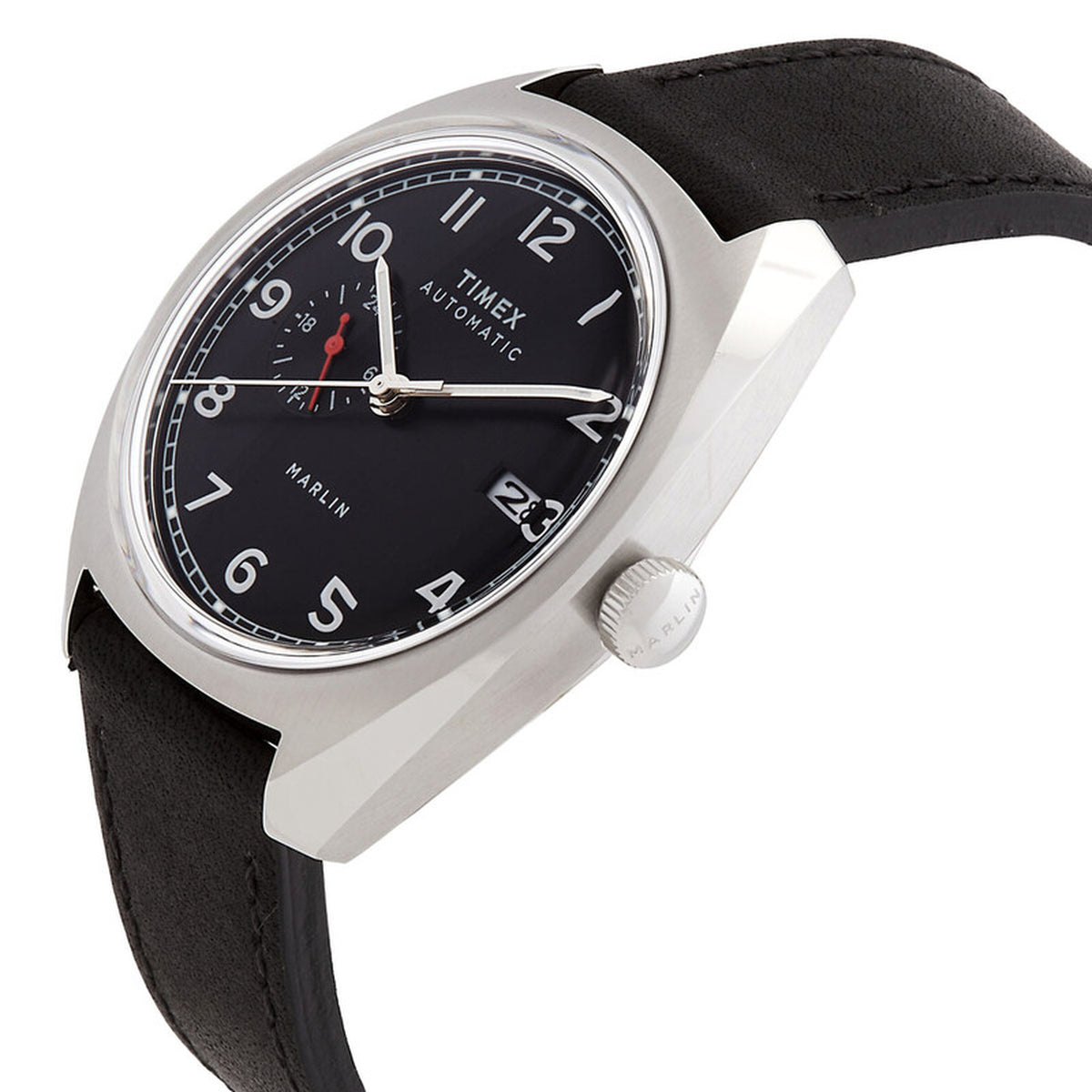 Timex Marlin TW2V62100 with black dial, silver-tone Arabic numerals and hands, 24-hour subdial with red accent hand, date window, silver-tone cushion-shaped case, crown at 3 o’clock, and black leather strap.