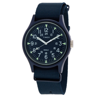 Timex MK1 TW2R37300 with a blue dial, white Arabic numerals, luminous hour markers, blue aluminum case, and matching fabric strap.