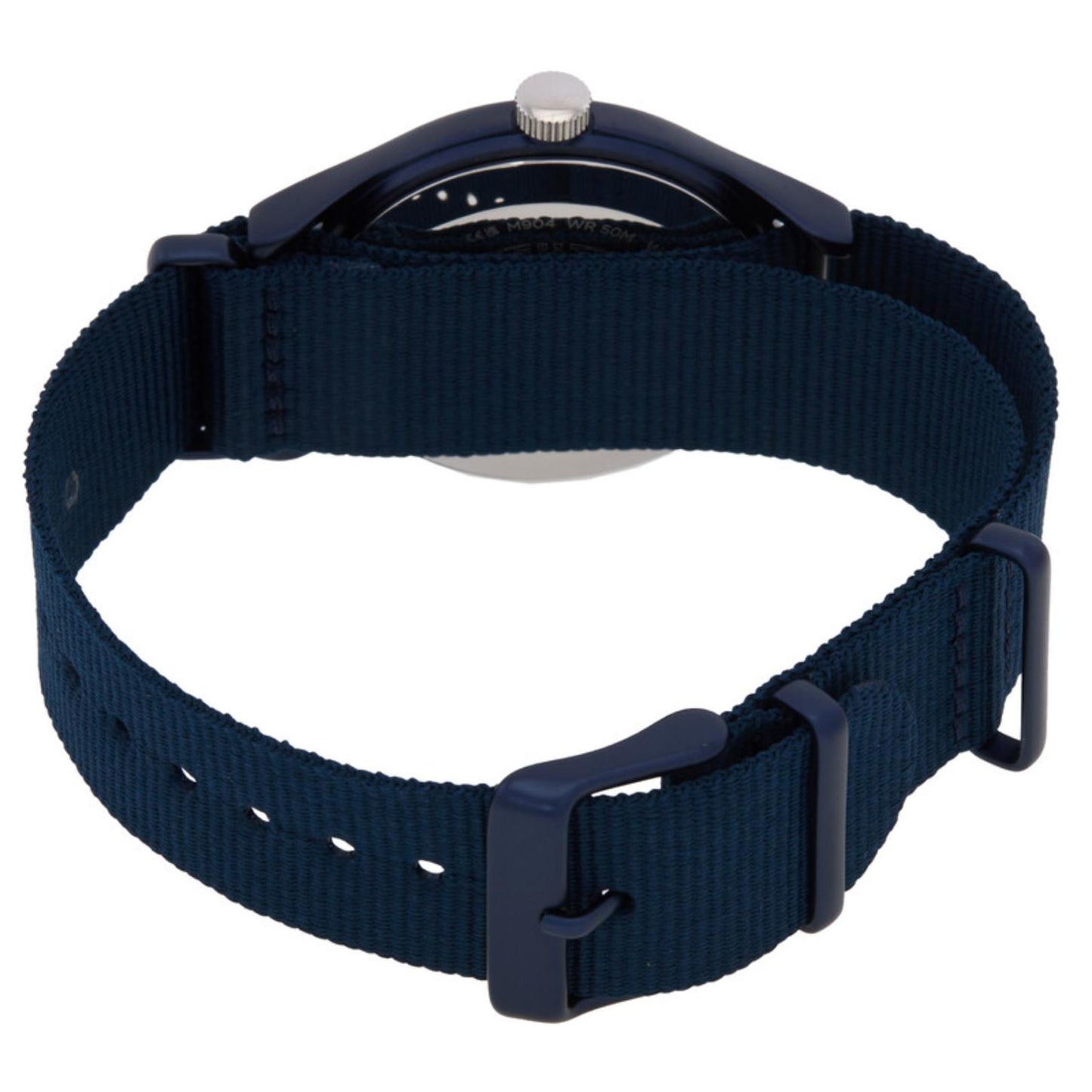 Timex MK1 TW2R37300 from the back with a blue woven fabric strap, matching blue-tone buckle and keepers, silver-tone crown, and partially visible caseback.