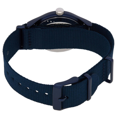 Timex MK1 TW2R37300 from the back with a blue woven fabric strap, matching blue-tone buckle and keepers, silver-tone crown, and partially visible caseback.
