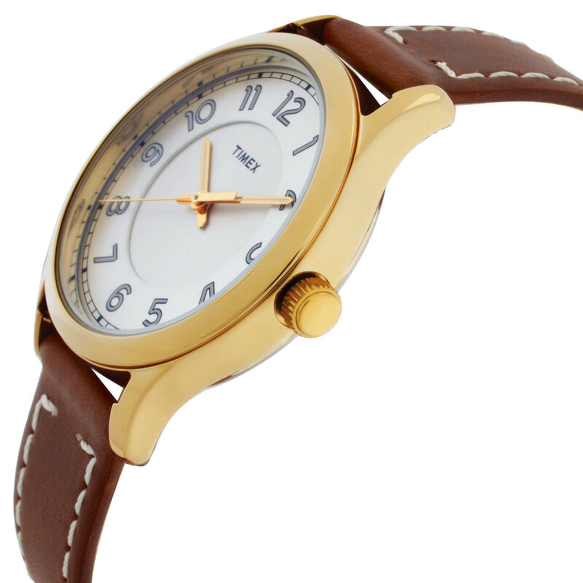 Timex New England TW2R23000 with a silver dial, Arabic numeral hour markers, gold-tone case and crown, and brown leather strap with white contrast stitching.