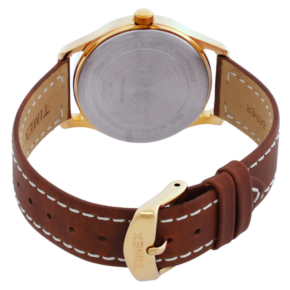 Timex New England TW2R23000 with a silver-tone caseback, gold-tone case and crown, and brown leather strap with white contrast stitching and matching gold-tone buckle.