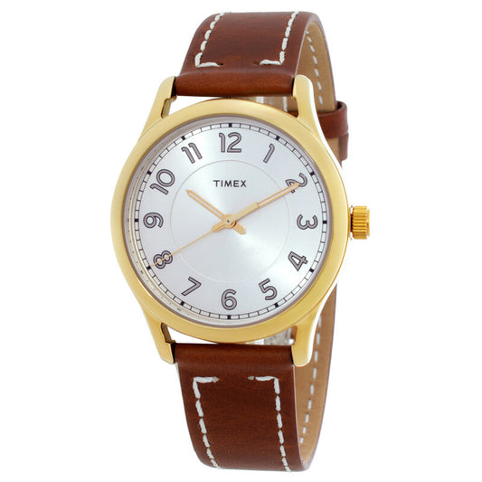 Timex New England TW2R23000 with a silver dial, Arabic numeral hour markers, gold-tone case and hands, and brown leather strap with white contrast stitching.