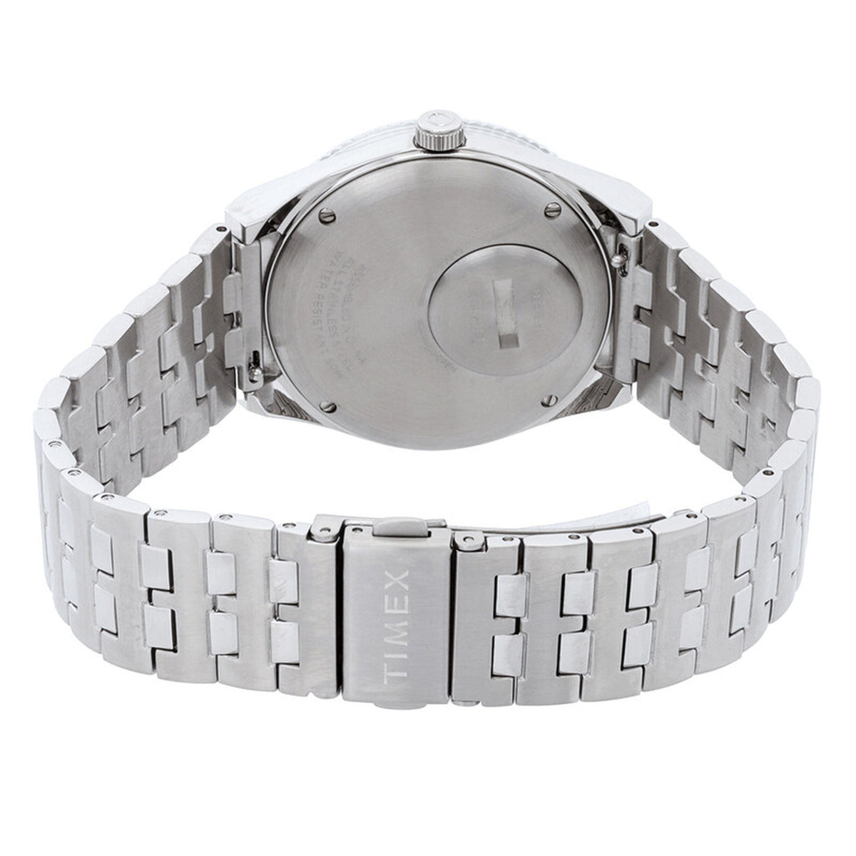 Timex Q Timex GMT TW2V38100 with a silver-tone caseback, matching silver-tone bracelet, and Timex-branded fold-over clasp.