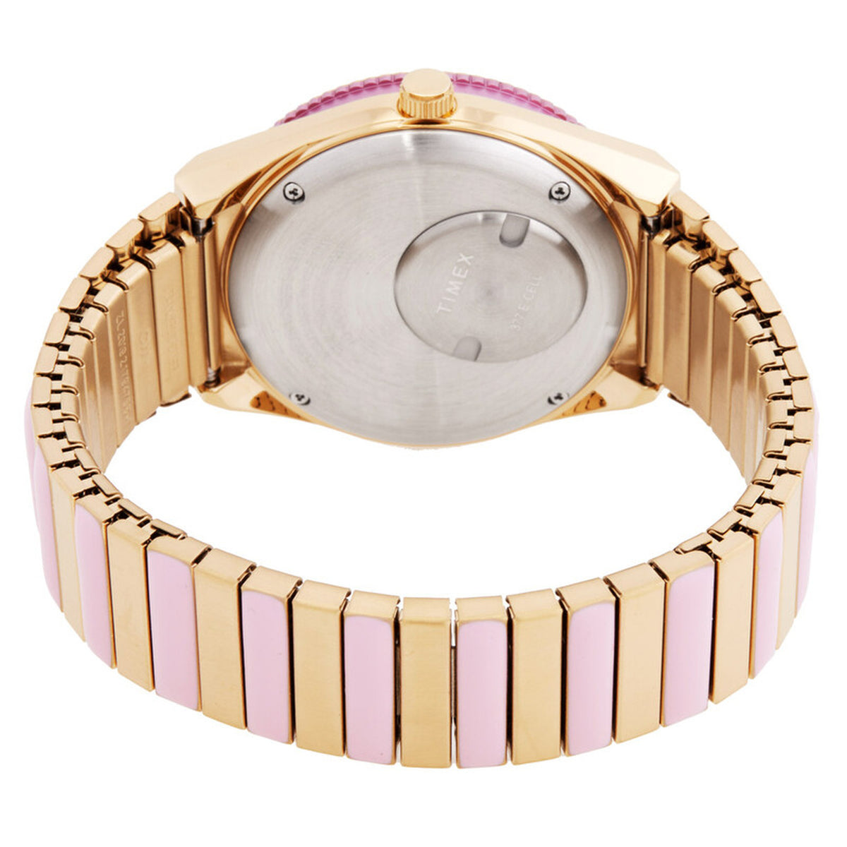 Timex Q Timex TW2W87600VQ with a brushed silver-tone caseback and a gold-tone bracelet with pink center links.