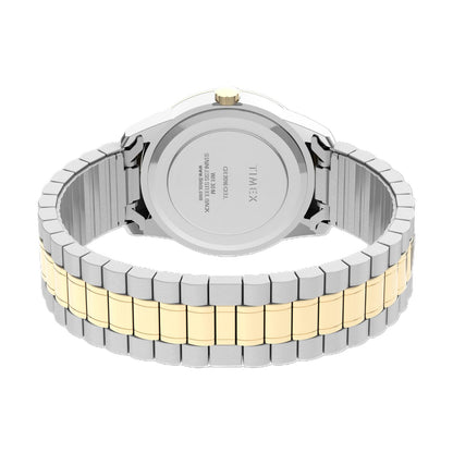 Timex South Street Sport T2M935 rear view showing the stainless steel caseback and two-tone stainless steel expansion bracelet.