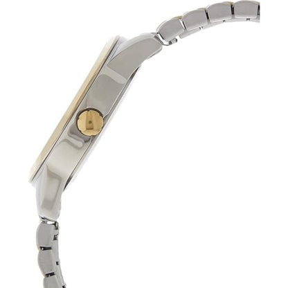 Timex South Street Sport T2M935 with slim stainless steel case profile, gold-tone crown, and two-tone expansion bracelet shown in side view.