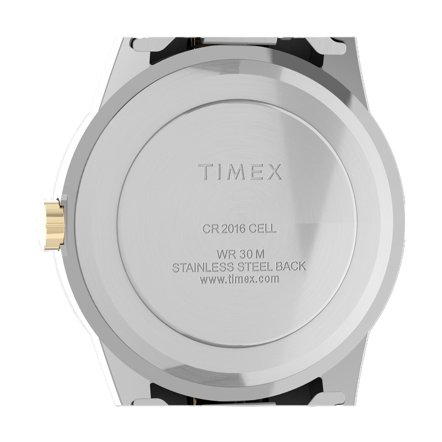 Timex South Street Sport T2M935 stainless steel caseback with engraved Timex branding and water resistance details.