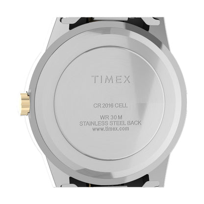 Timex South Street Sport T2M935 stainless steel caseback with engraved Timex branding and water resistance details.