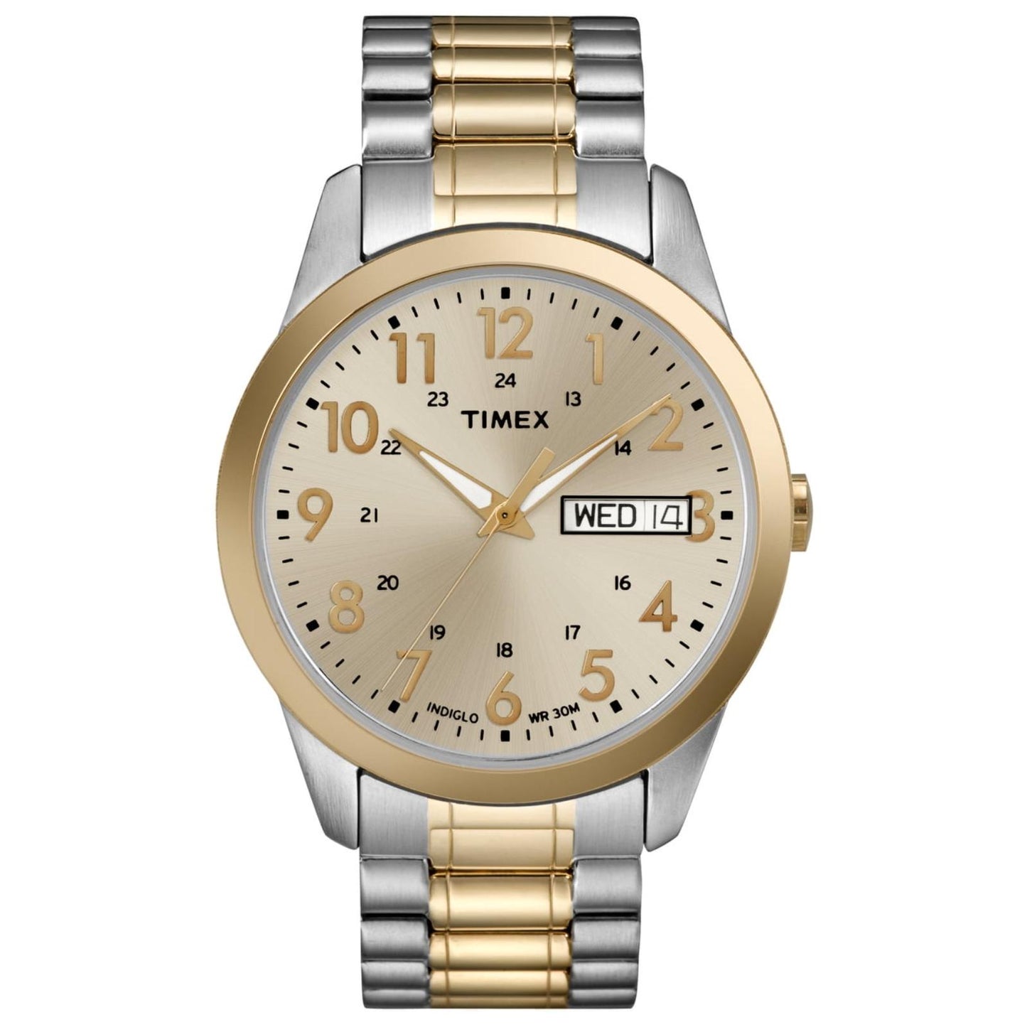 Timex South Street Sport T2M935 watch with champagne dial, full Arabic numerals, day-date display, two-tone bezel, and stainless steel expansion bracelet.