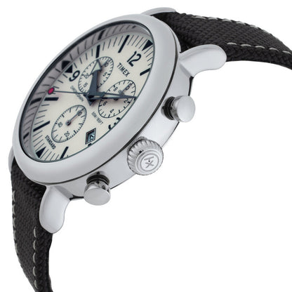 Timex Standard Chronograph TW2V43800 with a cream chronograph dial, silver-tone case, signed crown, chronograph pushers, and black textured strap.
