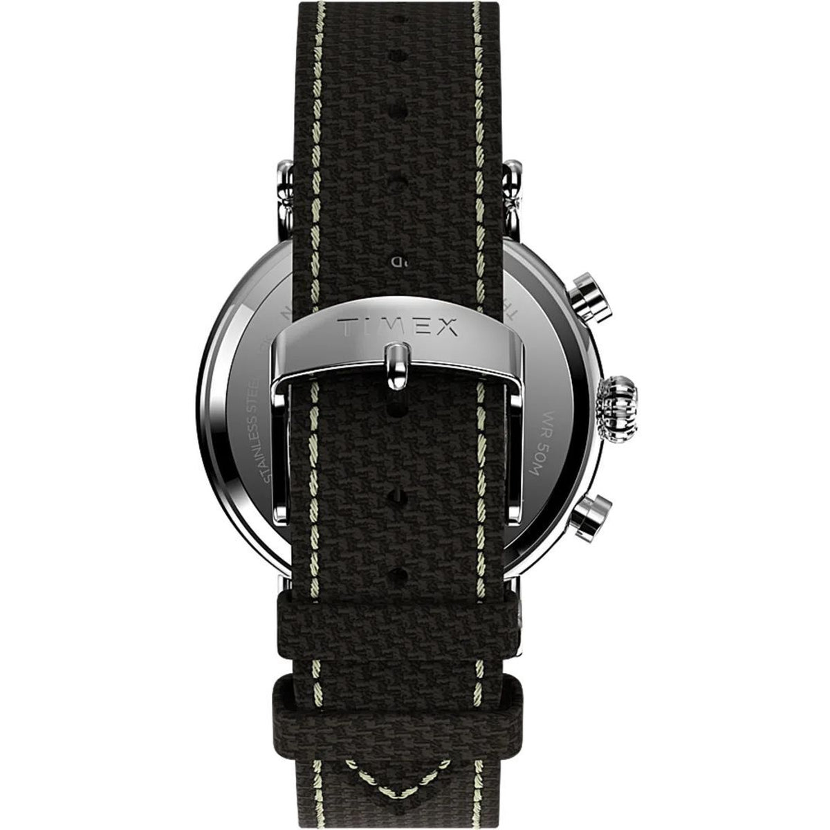 Timex Standard Chronograph TW2V43800 with a black textured strap, contrast stitching, silver-tone buckle, and partially visible engraved caseback.