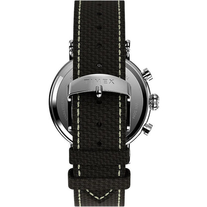 Timex Standard Chronograph TW2V43800 with a black textured strap, contrast stitching, silver-tone buckle, and partially visible engraved caseback.