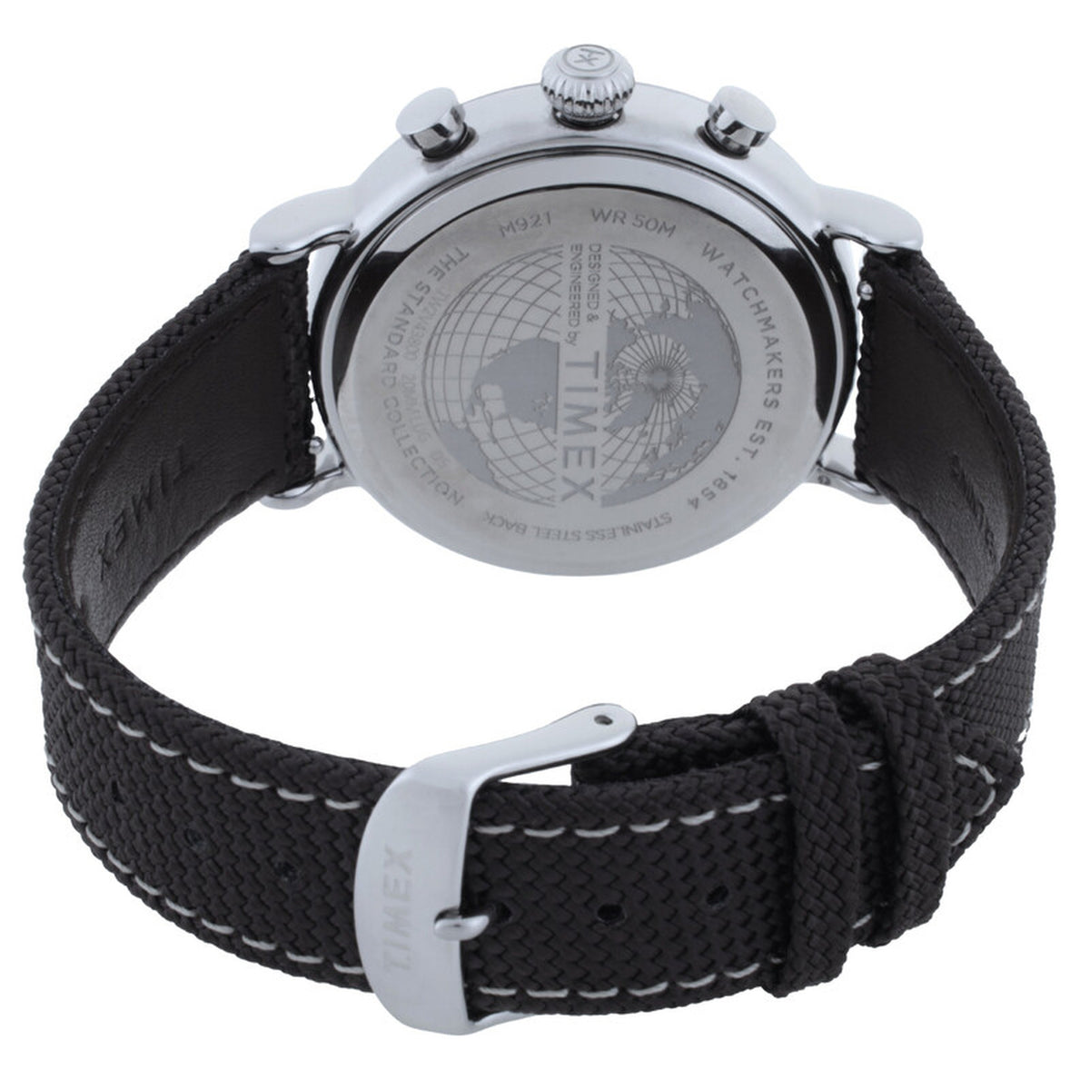 Timex Standard Chronograph TW2V43800 with an engraved silver-tone caseback, black textured strap with contrast stitching, and matching silver-tone buckle.