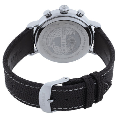 Timex Standard Chronograph TW2V43800 with an engraved silver-tone caseback, black textured strap with contrast stitching, and matching silver-tone buckle.