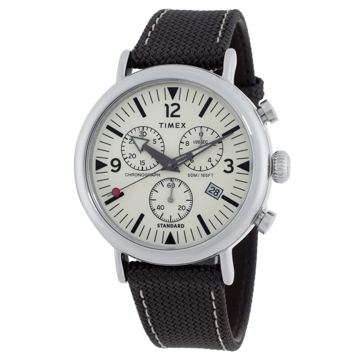 Timex Standard Chronograph TW2V43800 with a cream chronograph dial, black subdials and hour markers, date window, silver-tone case, and black textured strap.