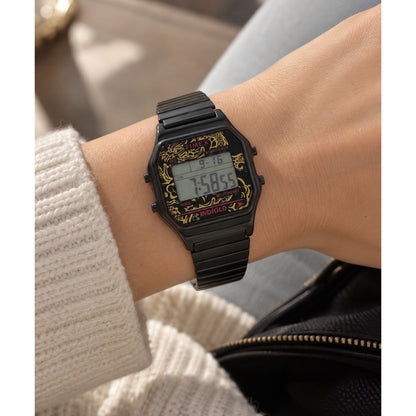Timex T80 Dragon TW2W49500 women’s digital watch with a black rectangular case, matching black expansion bracelet, digital display, and gold-tone dragon graphics around the dial.