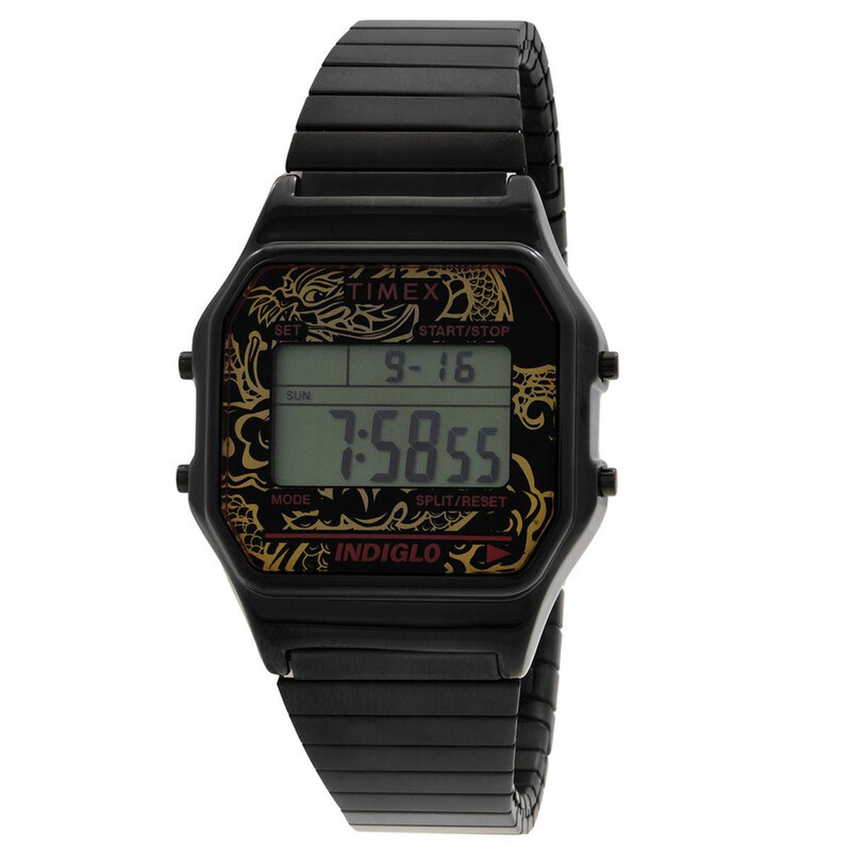 Timex T80 Dragon TW2W49500 women’s digital watch with a black rectangular case, digital display, gold-tone dragon graphics, and matching black expansion bracelet.
