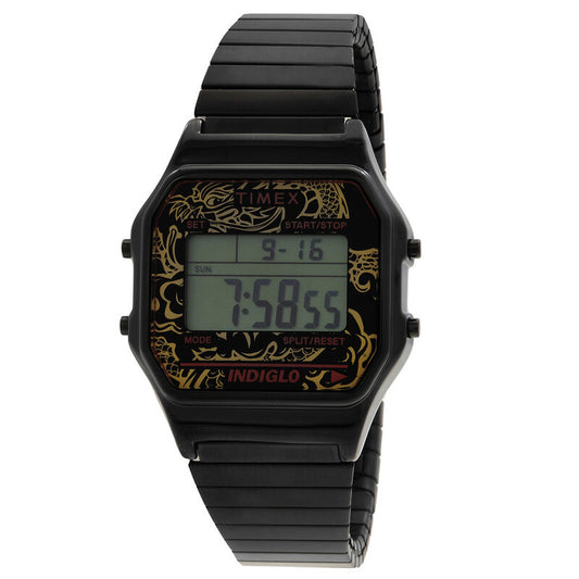 Timex T80 Dragon TW2W49500 women’s digital watch with a black rectangular case, digital display, gold-tone dragon graphics, and matching black expansion bracelet.