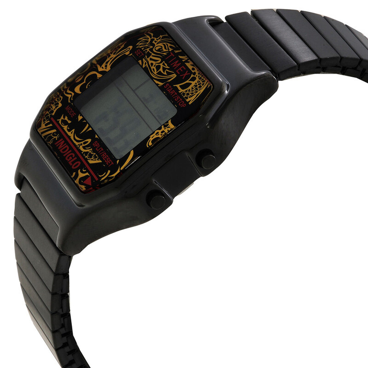 Timex T80 Dragon TW2W49500 women’s digital watch with a black rectangular case, side push buttons, gold-tone dragon graphics around the display, and a matching black expansion bracelet.