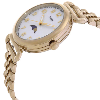 Timex Trend TW2T89500VQ with a mother-of-pearl dial, moonphase display, gold-tone Arabic numeral hour markers, gold-tone case, crown, and matching bracelet.