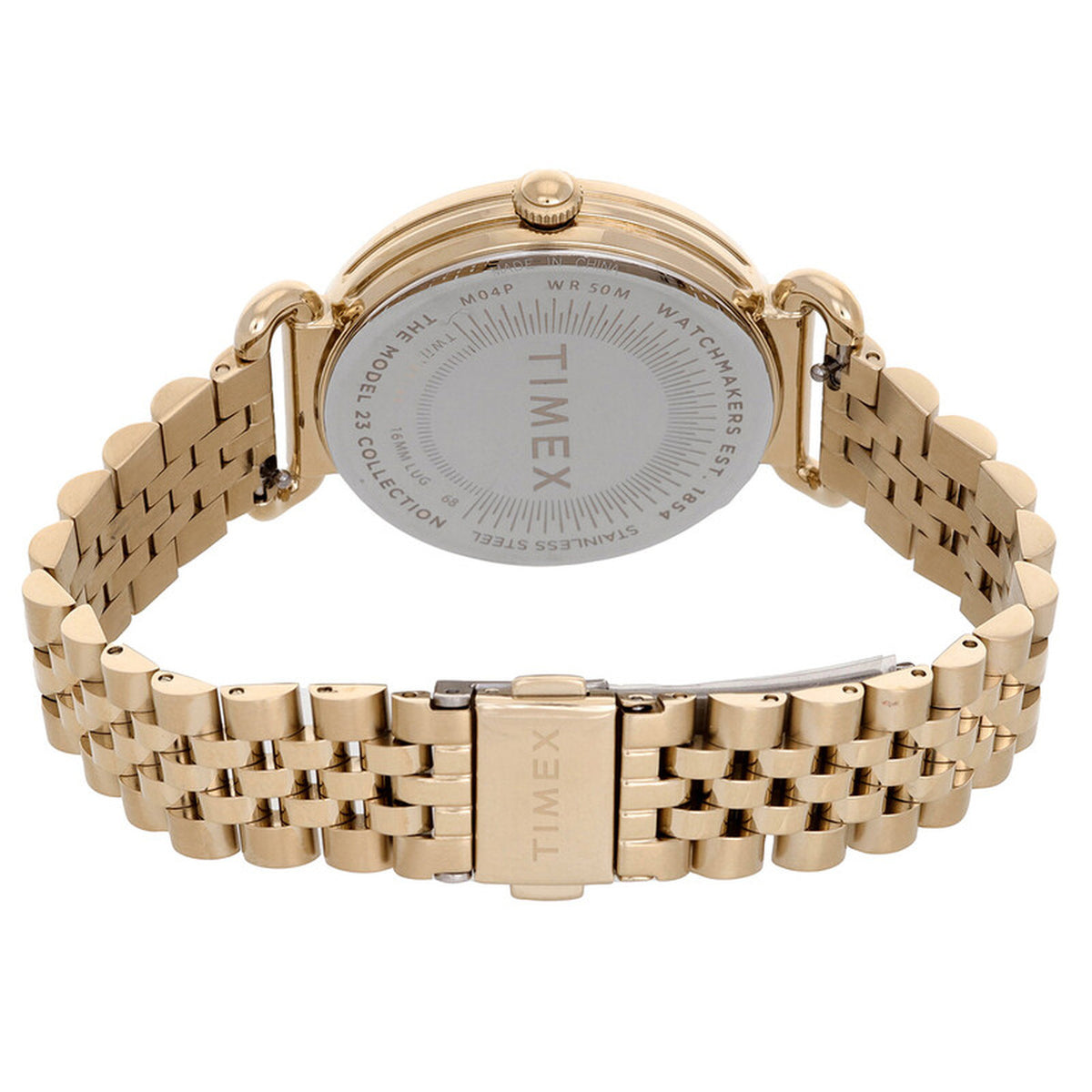 Timex Trend TW2T89500VQ with an engraved silver-tone caseback, gold-tone case, matching gold-tone bracelet, and Timex-branded fold-over clasp.