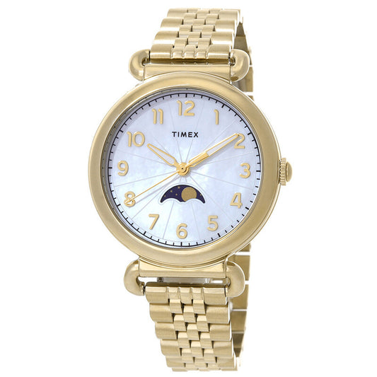 Timex Trend TW2T89500VQ with a mother-of-pearl dial, gold-tone Arabic numeral hour markers, moonphase display, gold-tone case, and matching bracelet.