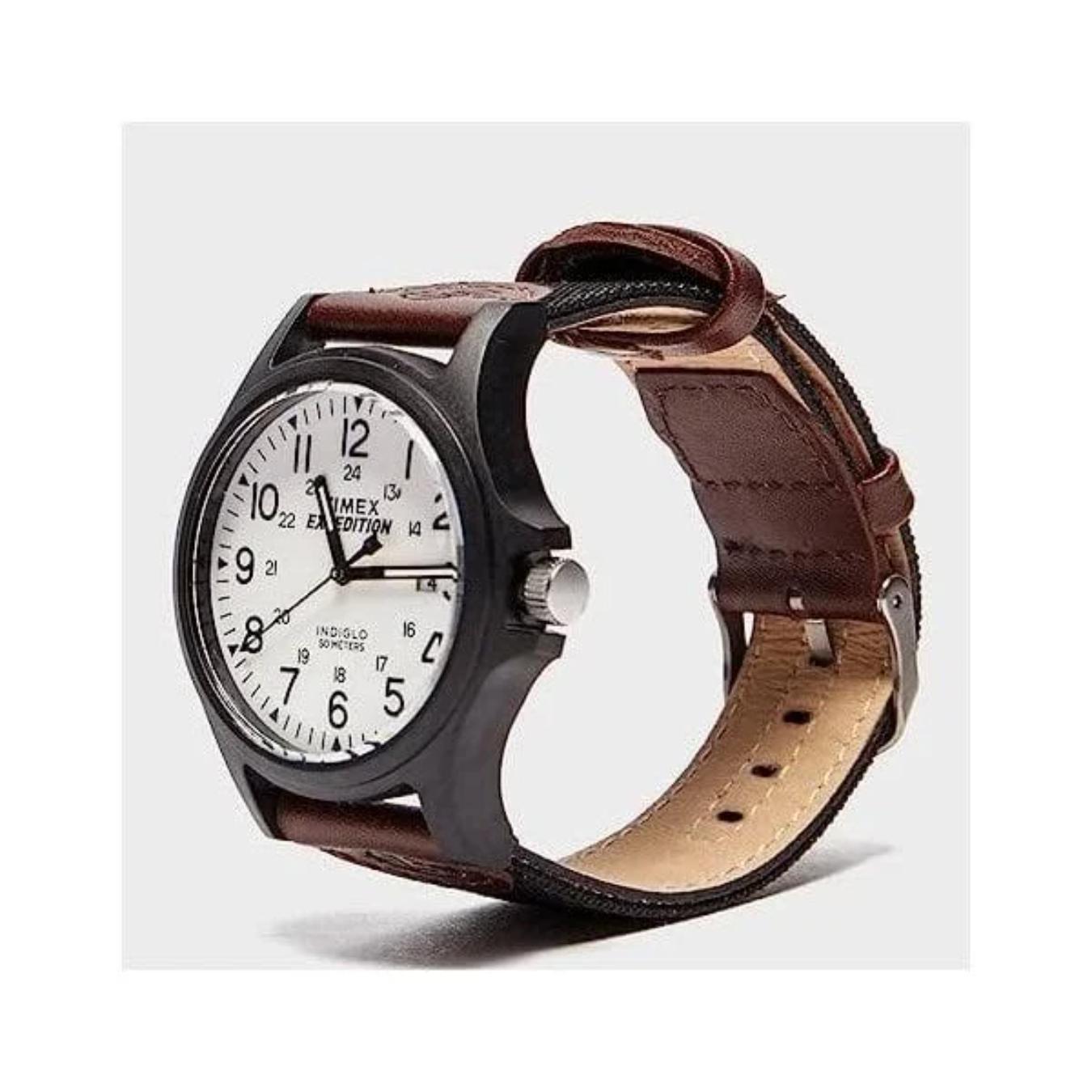 Timex TW4B08200 field watch with white dial, black case, Arabic numerals and brown leather and fabric strap shown at an angle.