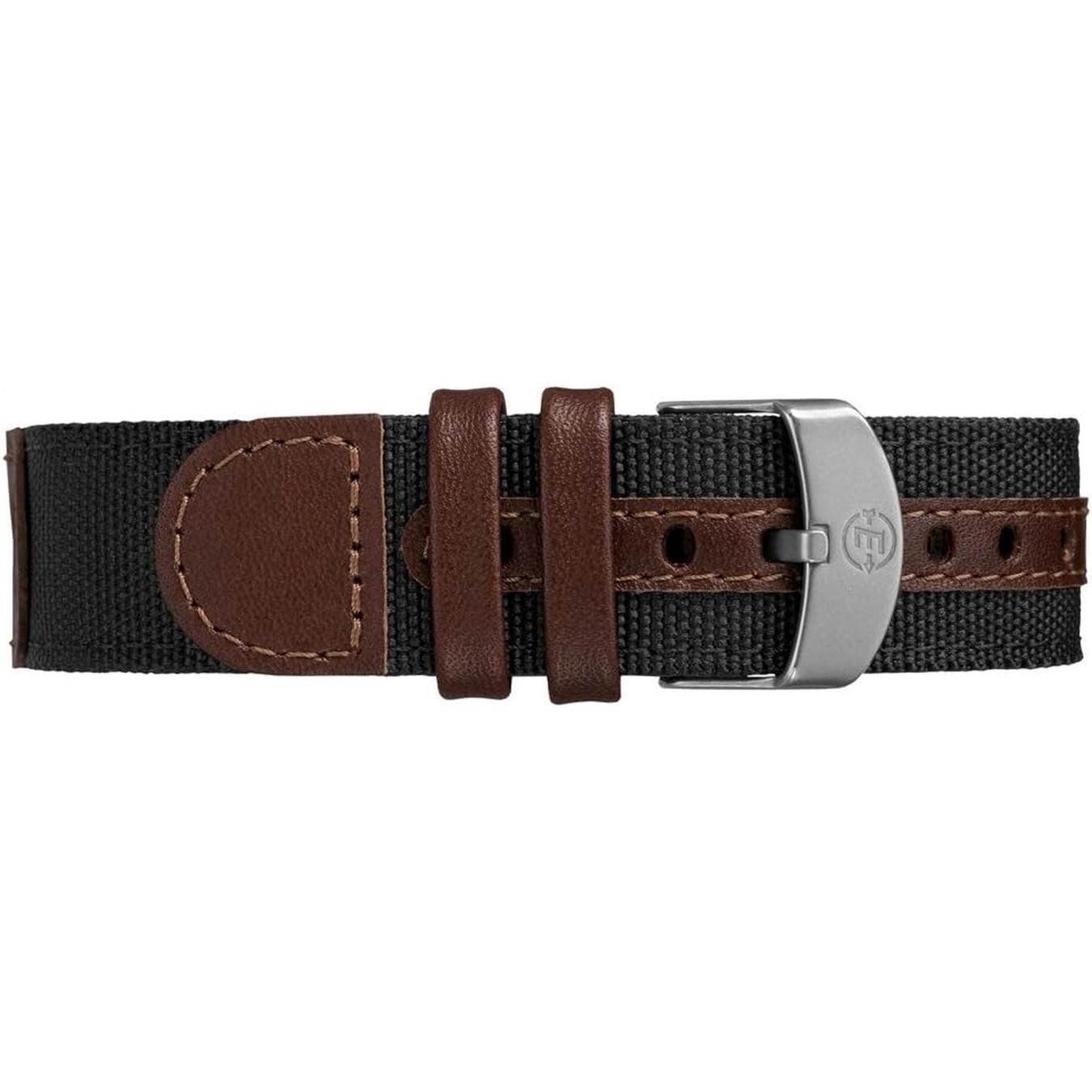 Timex TW4B08200 strap detail with black fabric material, brown leather reinforcements and stainless steel buckle.