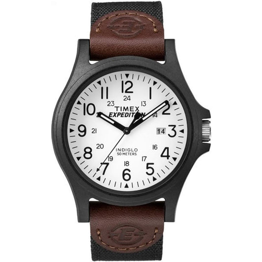 Timex TW4B08200 field watch with white dial, black case, Arabic numerals and brown leather and fabric strap.