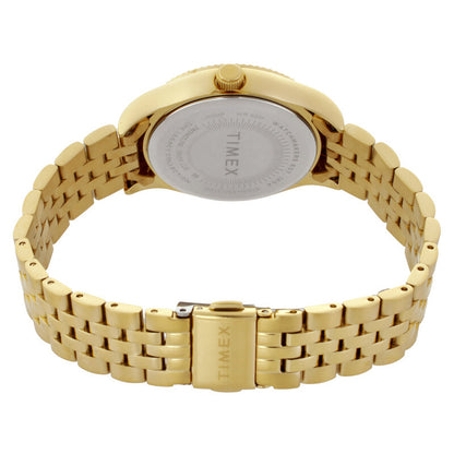 Timex Waterbury Celestial Legacy TW2W21700 with engraved silver-tone caseback, gold-tone crown, matching multi-link bracelet, and Timex-branded folding clasp.